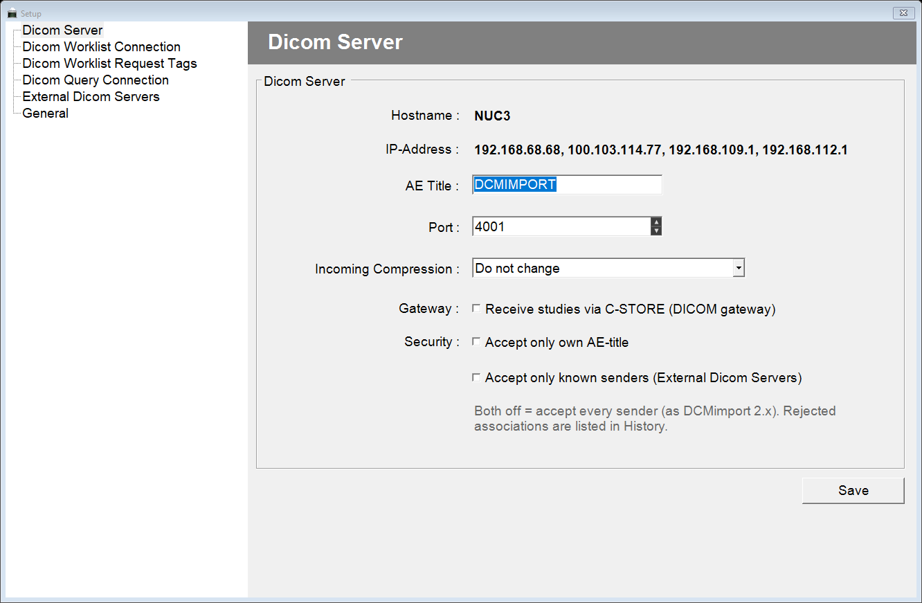 DCMimport DICOM gateway settings