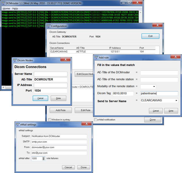 DCMrouter software interface with configuration, routing rule and email settings