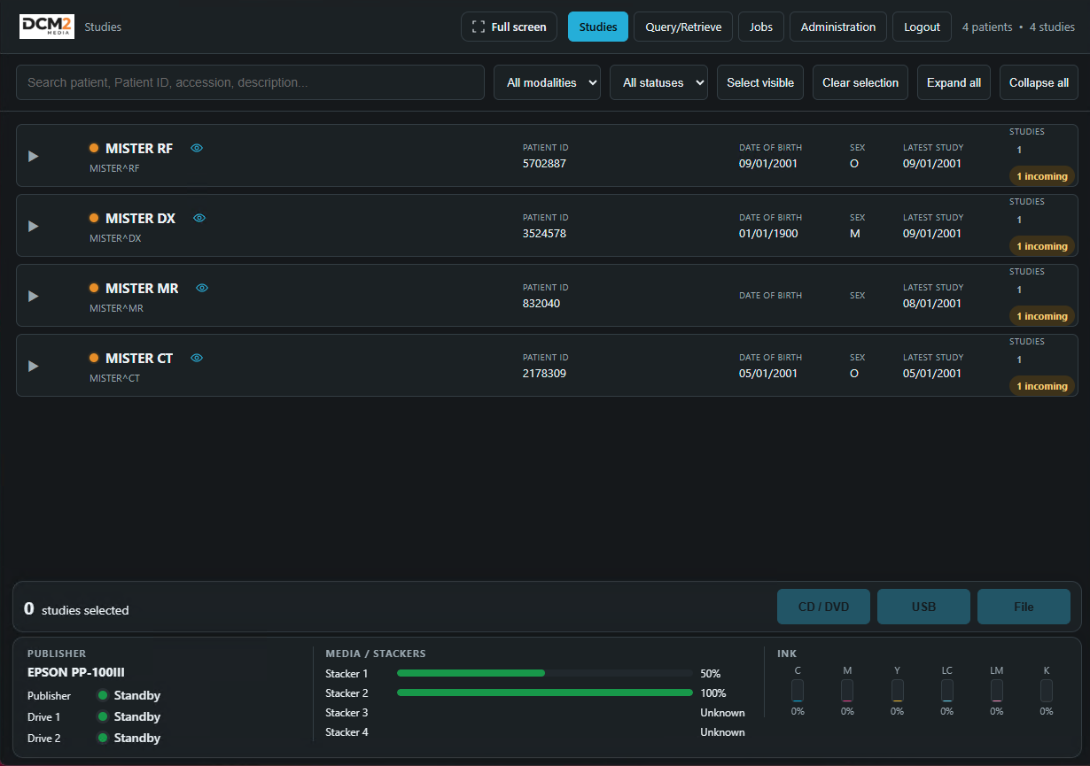 DCM2Media web interface showing DICOM patient and study workflow